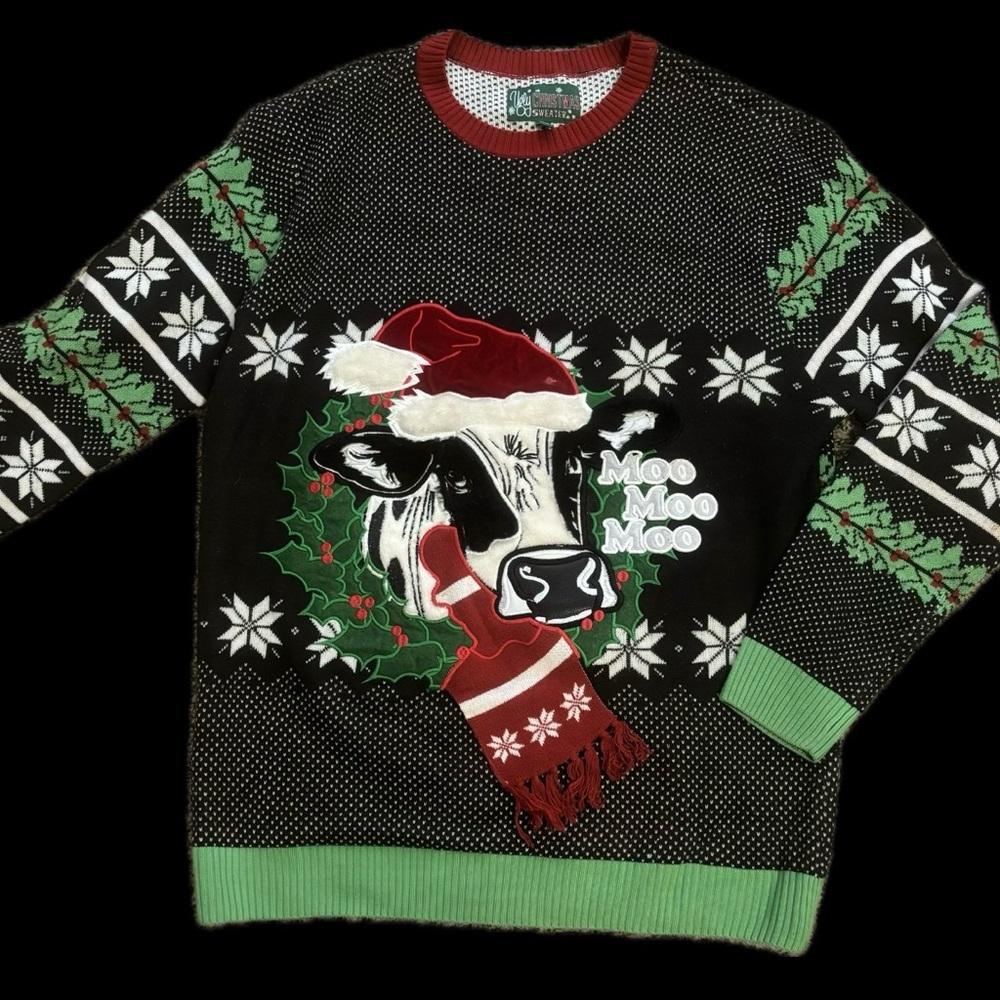 Ugly Christmas Sweater - Black and Green Cow Design